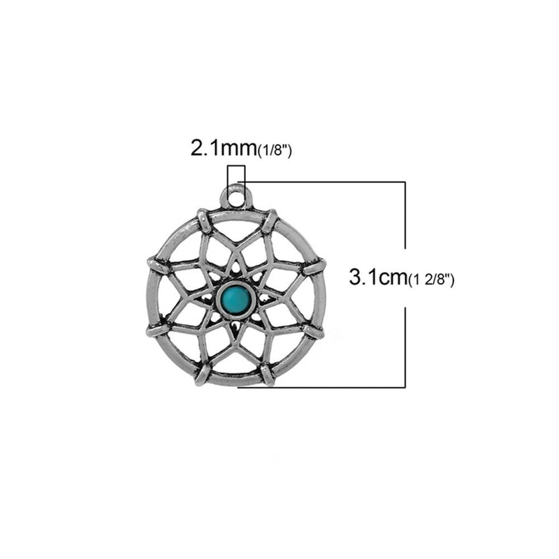 5 Pcs Tibetan Silver DREAMCATCHER CARVED WITH BLUE CABOCHON 31mm x 27mm Charms Pendants, Lead & Nickel Free Metal Charms Pendants Beads